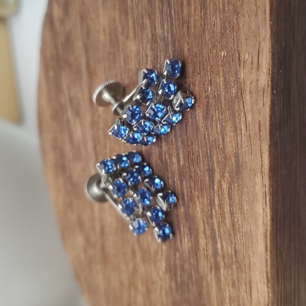 Antique 1900s art deco shining blue crystal water drop screwback earrings‎ E264